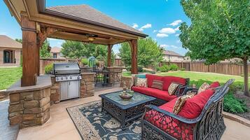 A backyard patio with a grill, outdoor furniture and a gazebo photo