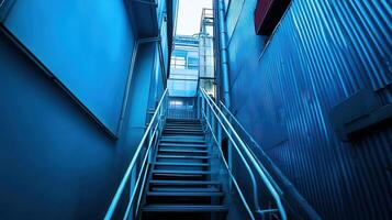 A stairway leading up to a blue building photo