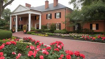A large brick house with a white porch and columns photo