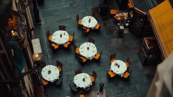 A view of tables and chairs in a restaurant photo