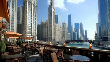 A view of a city from a restaurant with tables and chairs photo