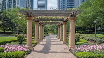 A walkway with a pergolized archway and a brick walkway photo
