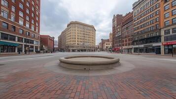 A large round fountain in the middle of a city photo