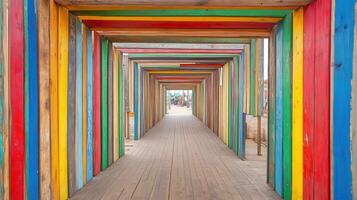 A colorful wooden walkway with wooden beams and a wooden door photo