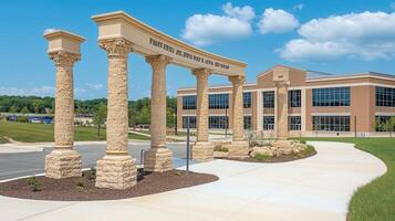 A large building with columns and a clock photo