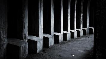 A black and white photo of a row of concrete benches
