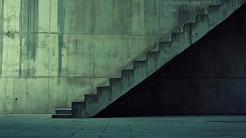 A man is standing on a stairway in front of a concrete wall photo