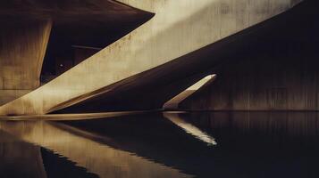 A photo of a building with a large water body
