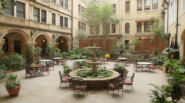 The courtyard of a building with lots of plants photo
