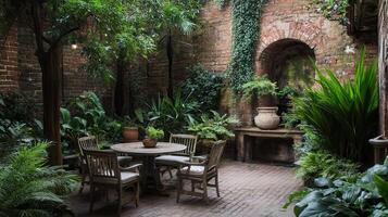 A courtyard with a table and chairs in the middle of a brick wall photo