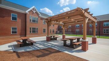 A patio with picnic tables and a gazebo photo