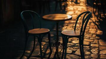 Empty cafe table, cobblestone street, sunset photo