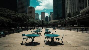 Empty City Park Tables, Skyscrapers Background photo