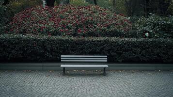 Empty park bench, autumn flowers, city park, calm photo