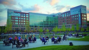Evening corporate campus gathering, pond, sunset photo