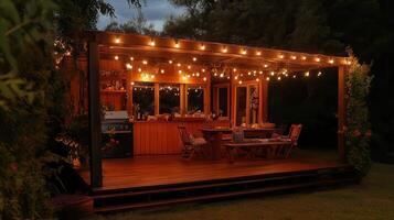 Evening garden party illuminated deck, pergola photo