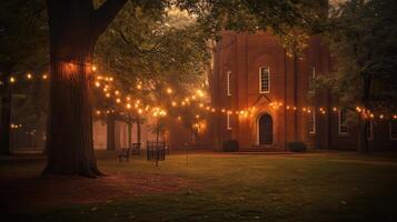 Foggy campus autumn evening, string lights, building photo