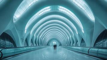 Futuristic hall couple walking, moving walkways, city background photo