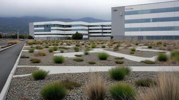 Green roof walkway, modern office building, mountains photo