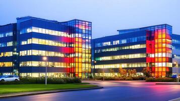 Illuminated Office Buildings at Dusk photo