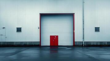 Industrial building, large door, wet ground, overcast sky, logistics photo