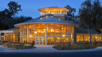 Illuminated circular building, night, landscaped grounds, restaurant photo
