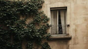 Ivy-covered window, Parisian building, quiet street photo