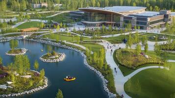 Lakeside park aerial view people stroll, canoeing photo