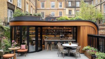 London Courtyard Bar Modern outdoor bar, city backdrop, relaxing atmosphere photo