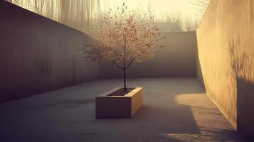 Lone autumn tree, minimalist courtyard, dawn photo