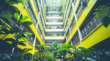 Lush Courtyard, Yellow Building, Asian City, Laundry Drying photo