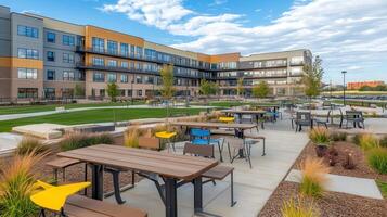 Modern apartment complex courtyard with picnic tables photo