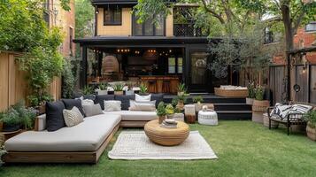 Modern backyard oasis with sectional sofa, house background photo