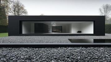 Modern black pavilion, garden view, tranquil setting, architecture photo