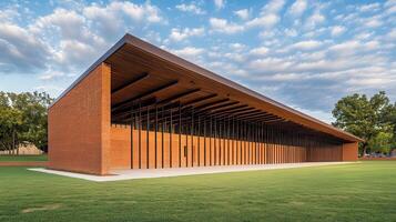 Modern brick pavilion, park setting, sunset photo
