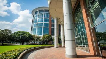 Modern building entrance, city park, sunny day photo