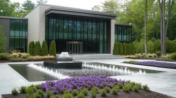 Modern building entrance, tranquil fountain, spring foliage photo