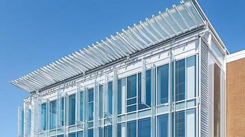 Modern building exterior, sunny day, glass facade, blue sky photo