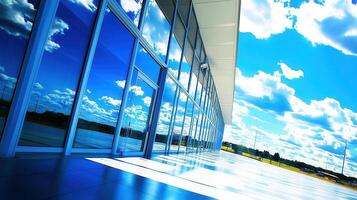 Modern building facade, sunny sky, reflection, outdoor photo