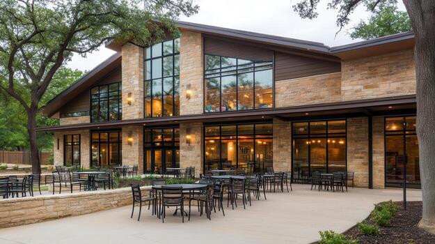 Modern building patio, evening, trees, event space photo