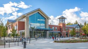 Modern building, sunny plaza, people strolling, trees background photo