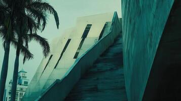 Modern building stairs, palm trees, city view photo
