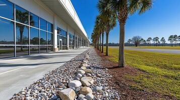 Modern building walkway, sunny day, palm trees, landscaped grounds photo