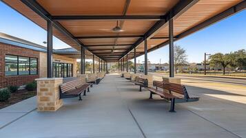 Modern bus station shelter, benches, sunny day photo
