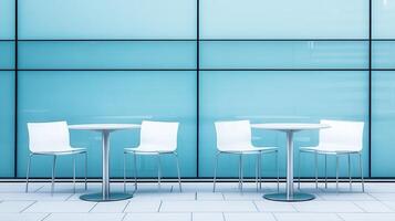 Modern cafe tables, city backdrop, empty photo