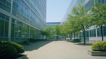 Modern city courtyard, trees, buildings, sunlight, calm photo