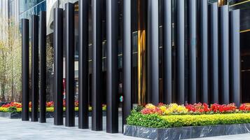 Modern city building entrance, flowers, urban backdrop photo