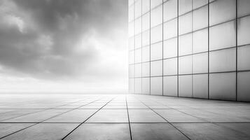 Modern city plaza, stormy sky backdrop, empty space photo