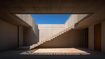 Modern concrete stairs, sunlit courtyard, clear sky, architectural design photo