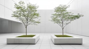 Modern courtyard, trees, minimalist design, white walls, peaceful photo